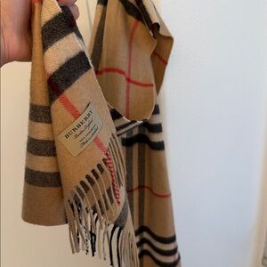 Burberry Tan Check Wool Scarf with Black and Red Stripes